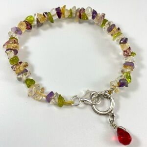 925 Sterling Silver Quartz Amethyst Peridot Chip Gemstone Beaded Bracelet Boho